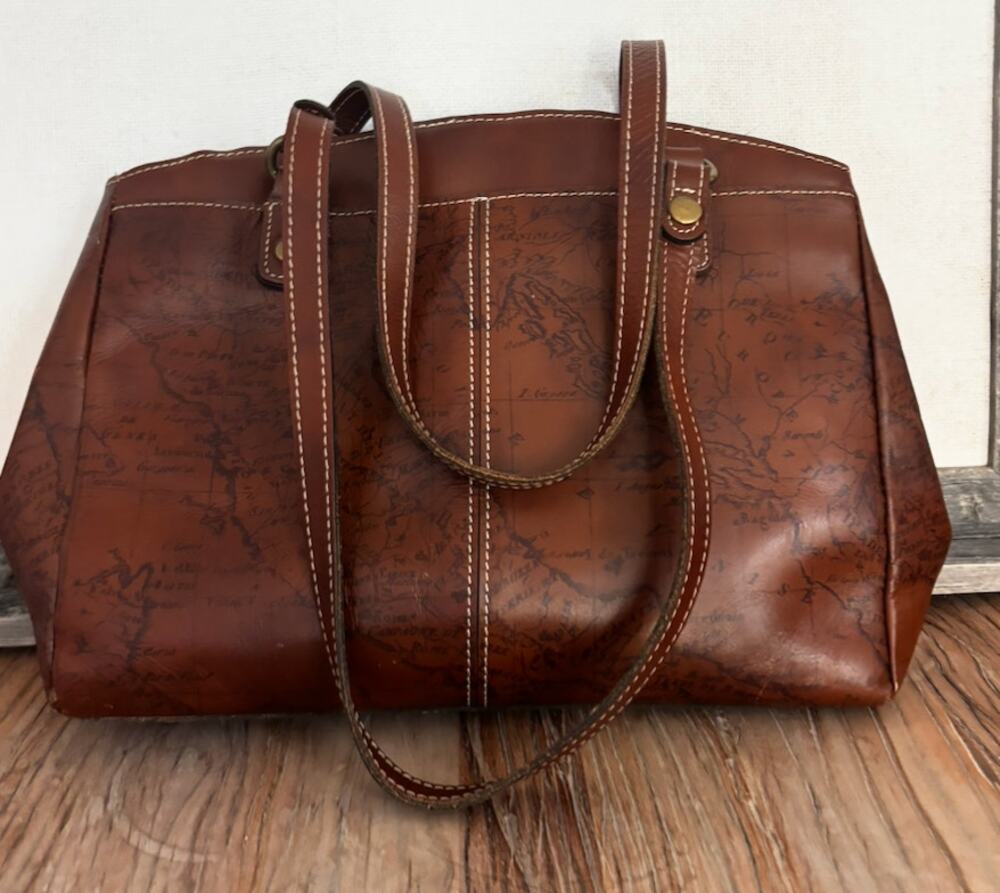 Patricia Nash Brown Leather Map Print Large Tote Shoulder Bag